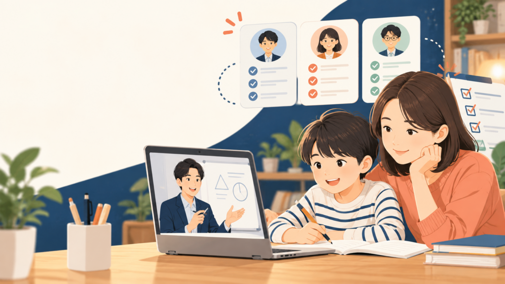オンライン家庭教師の候補を親子で比較し、画面越しに講師の授業を受けるイラスト