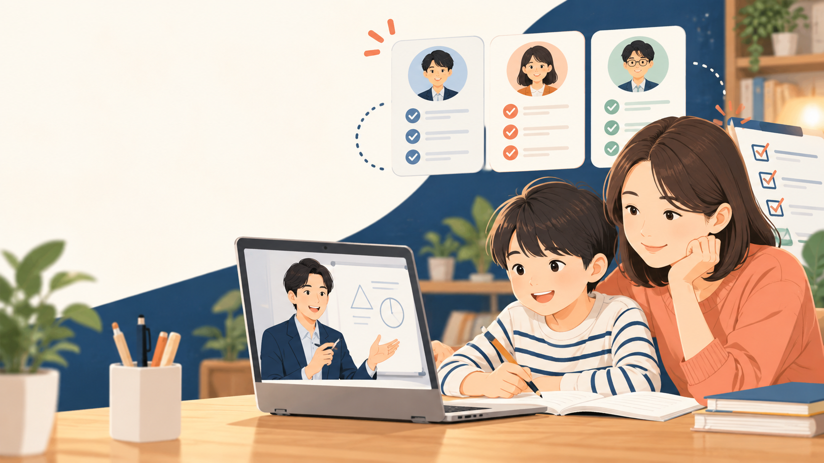 オンライン家庭教師の候補を親子で比較し、画面越しに講師の授業を受けるイラスト